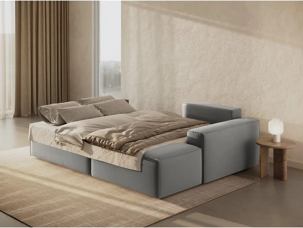 Világosszürke bársony kinyitható-tárolóhelyes sarokkanapé (jobb oldali-heverő résszel) Jodie – Micadoni