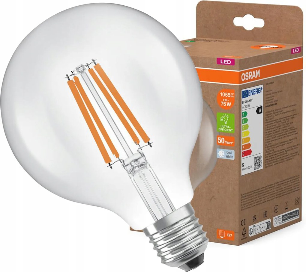 Led izzó G95 Gömb E27 5W 1055lm 4000K Filament Classic Energy Efficiency