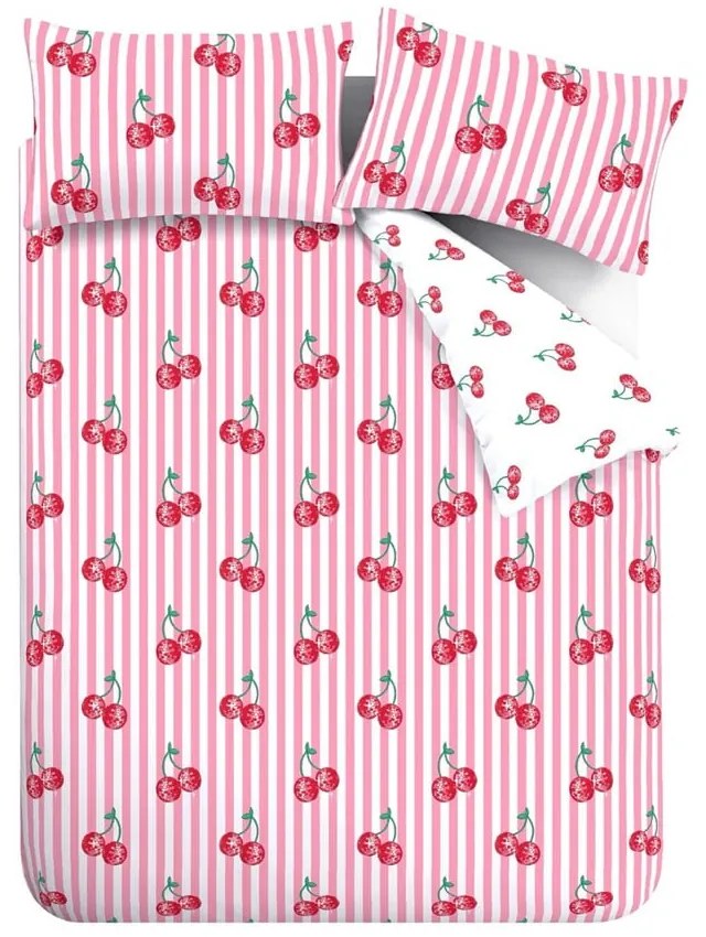Fehér-rózsaszín kétszemélyes-hosszabbított ágyneműhuzat 230x220 cm Disco Cherries Stripes – Catherine Lansfield