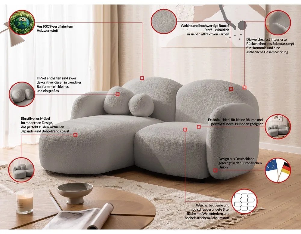 Szürke buklé sarokkanapé (bal oldali-heverő résszel) Orbit – Ropez