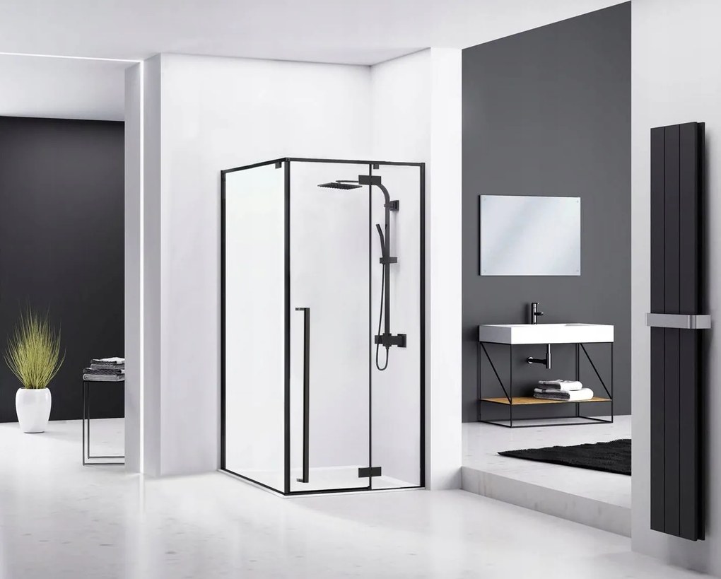 Rea Fargo, zuhanykabin lengőajtókkal 90 (ajtó) x 90 (fal) x 195 cm, 6mm átlátszó üveg, fekete profil + fehér Savoy zuhanytálca, KPL-K6318