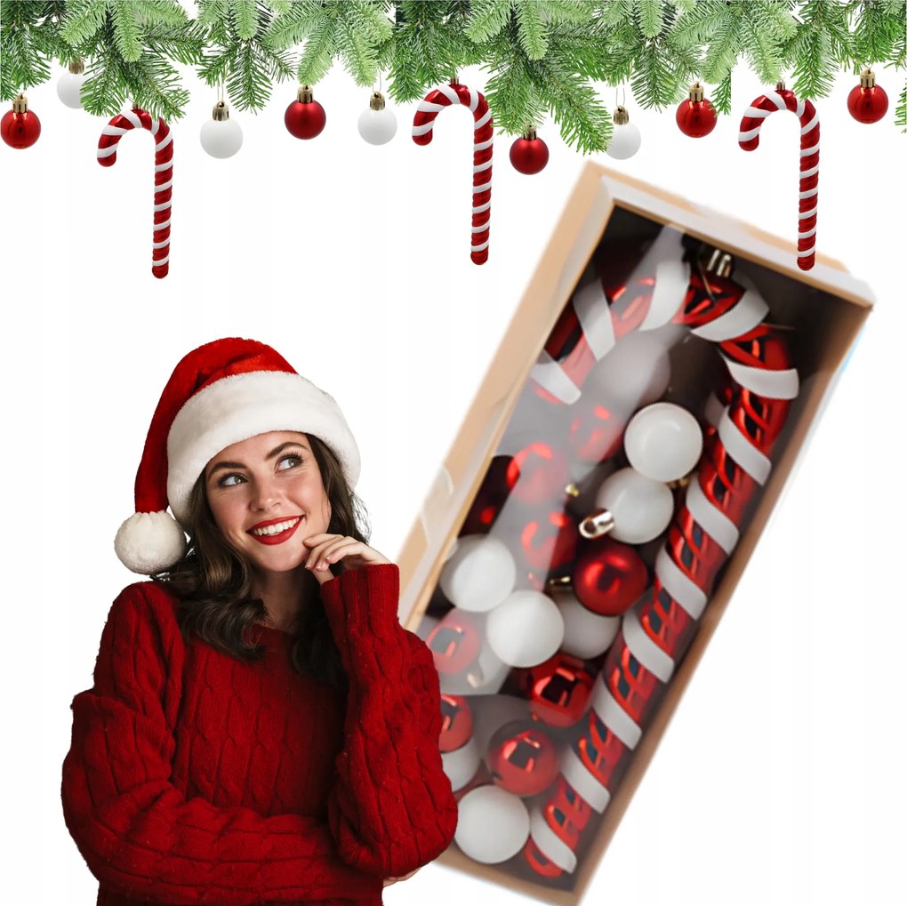 32 Db-os Karácsonyfadísz Szett Cukorpálca 25 CM Gömbök Vegyes Színek 3 CM