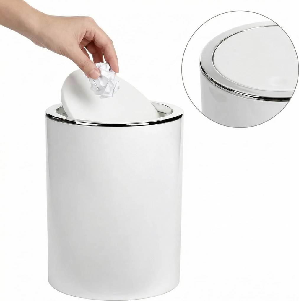 Fehér Szemeteskosár 5L Fürdőszobai Ezüst Díszítés Strapabíró Elegáns