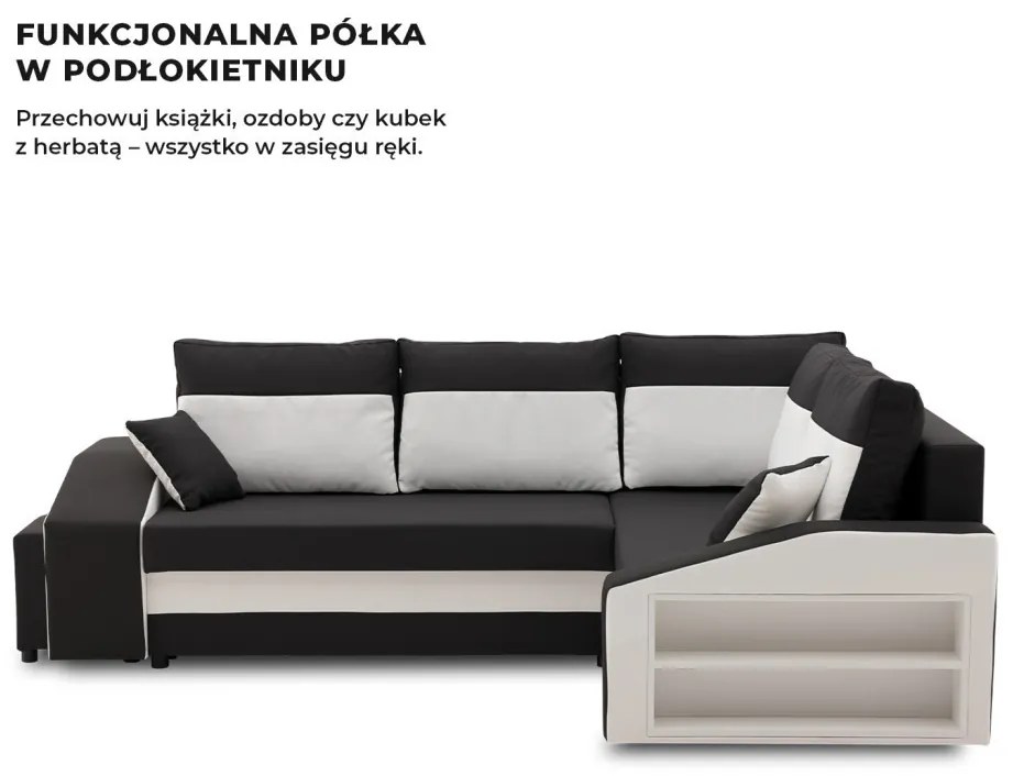 Grande sarokkanapé polcokkal és puffokkal , polc a jobb karfaban puffok a bal karfaban, jobboldali, szövet anyag, hab töltet, fekete - fehér