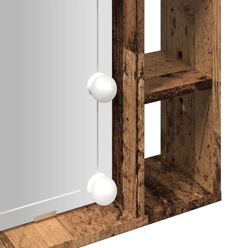 antik fa színű szerelt fa tükrös szekrény LED-ekkel 76x15x55 cm