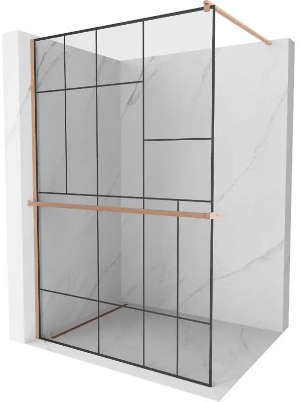 Mexen Kioto+, Walk-In zuhanyparaván polccal és akasztóval 70 x 200 cm, 8 mm átlátszó üveg fekete mintás, réz matt profil, 800-070-121-65-78