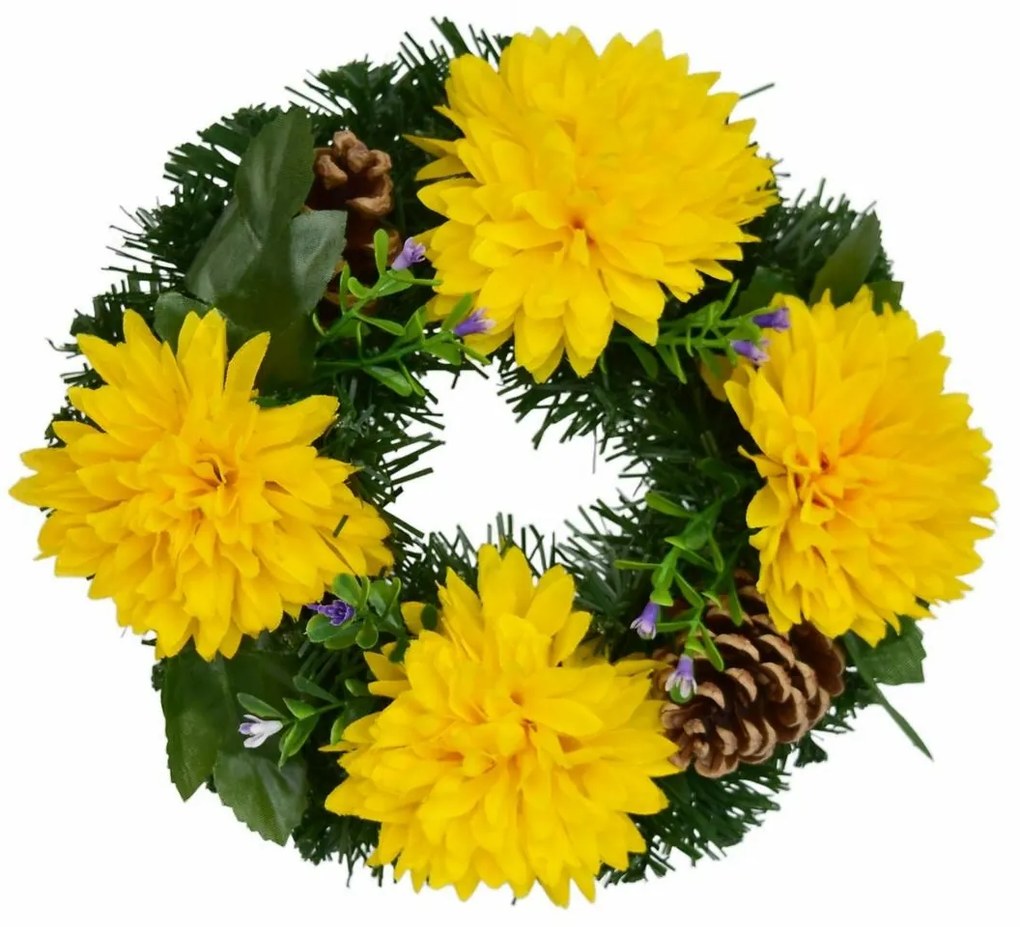 Őszi virágokkal díszített koszorú mindenszentekre 20 cm, sárga