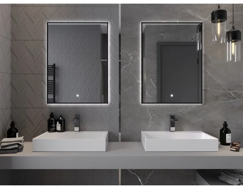 Mexen Erma, LED fürdoszobai tükör háttérvilágítással és fekete kerettel 60x80 cm, 6000K, páramentesíto, 9814-060-080-611-70