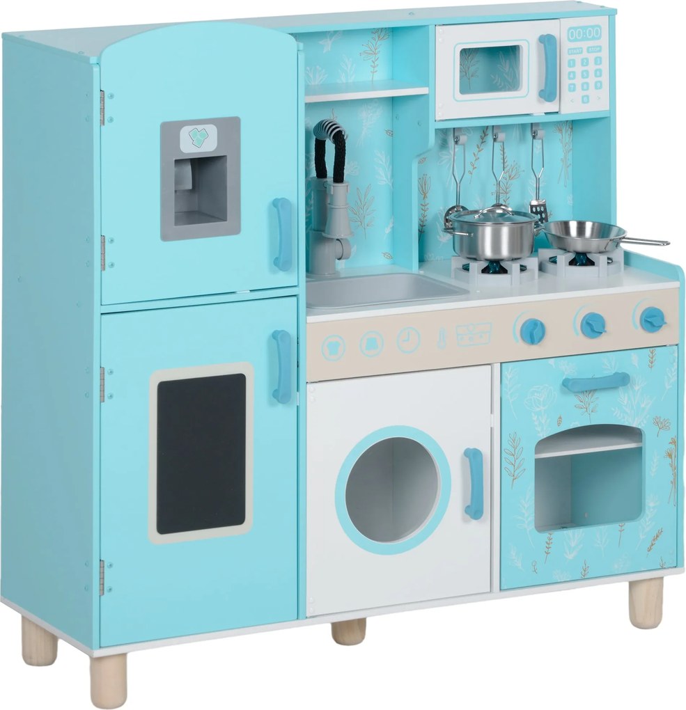 AIYAPLAY Játék Konyha Gyermekeknek 3 Éves Kortól - Fa Konyha Hang Stovval, Sütővel, Mosogatóval, Mikróval, Mosógéppel, Jéggyártóval és Kék Konyhai Kie