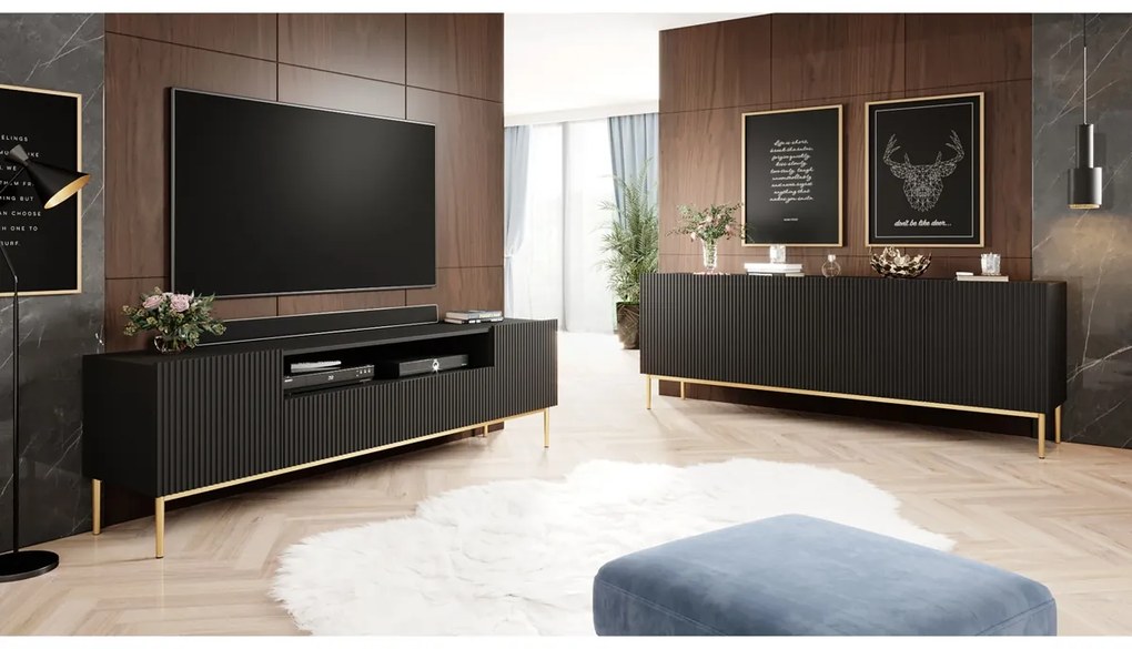 Nicole TV-szekrény 200 cm nyitott polccal és fiókokkal - matt fekete / arany lábak