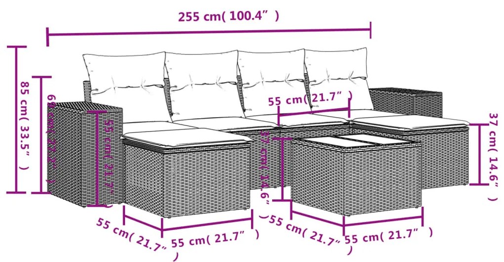 7 részes szürke polyrattan kerti ülőgarnitúra párnákkal