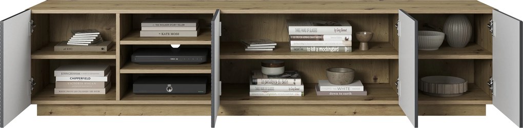 Asha RTV szekrény 200 cm - artisan / rivier stone matt, ryflowott előlapos, nyitott polccal