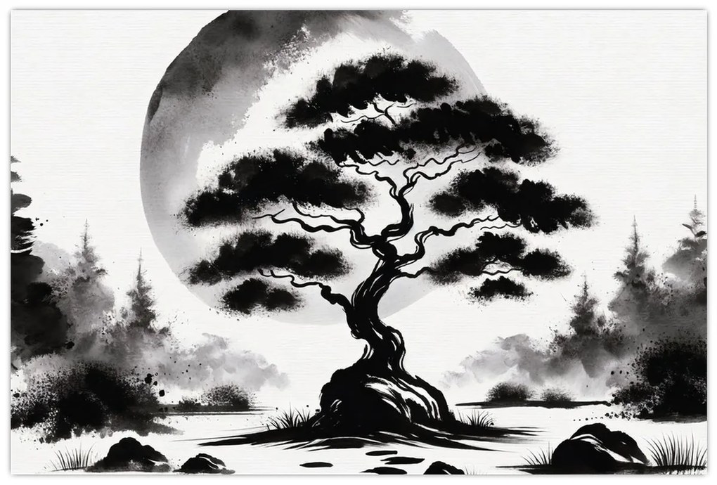 Kép – Fekete-fehér bonsai (90x60 cm)