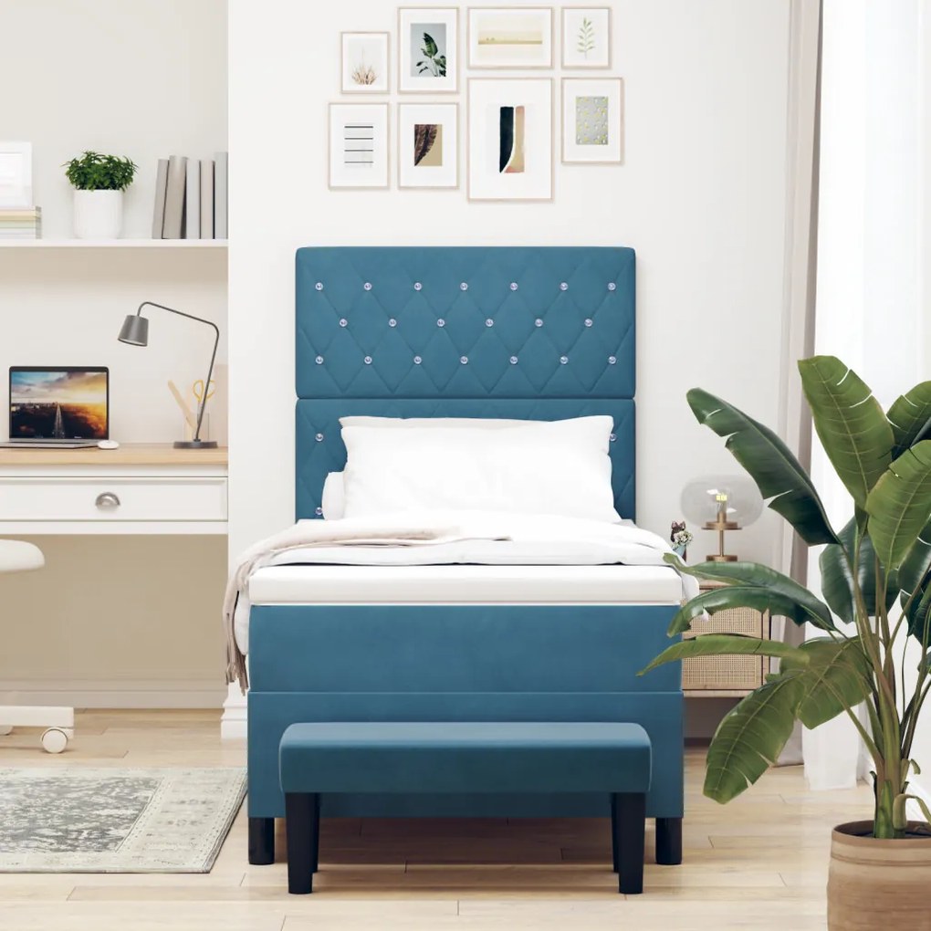 Box Spring Ágy Matrac & Pad Sötétkék 90x200 cm Velúr