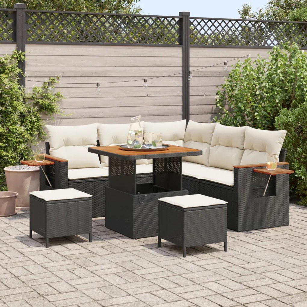 8 részes kerti kanapé szett párnákkal Fekete Polyrattan Akác, 3 részes kerti étkező szett párnákkal Fekete Polyrattan Akác