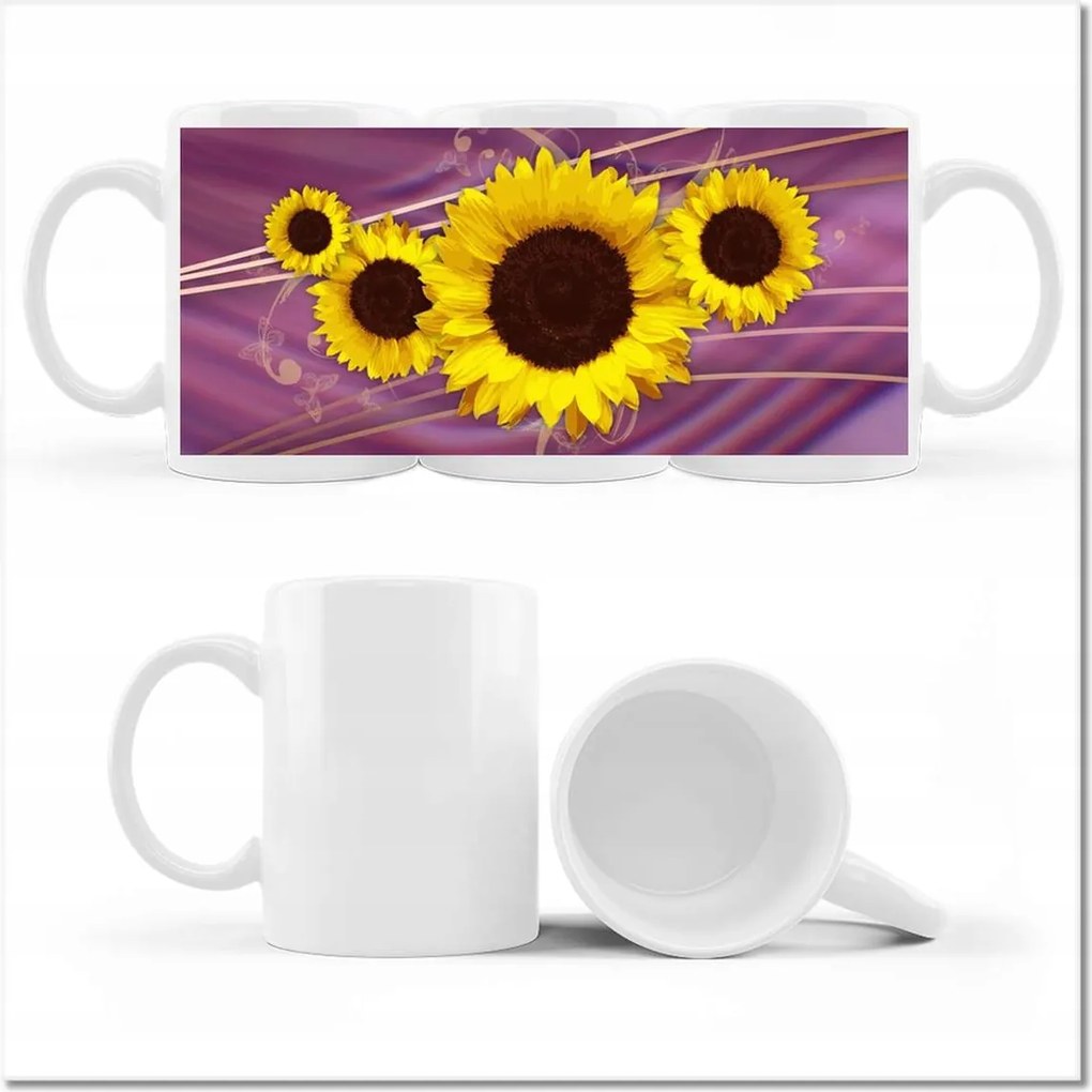 Lila alapon sárga napraforgók fényképes bögre