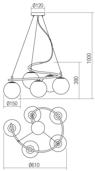 Redo 01-2720 - Csillár zsinóron VOLLEY 5xE14/28W/230V fekete