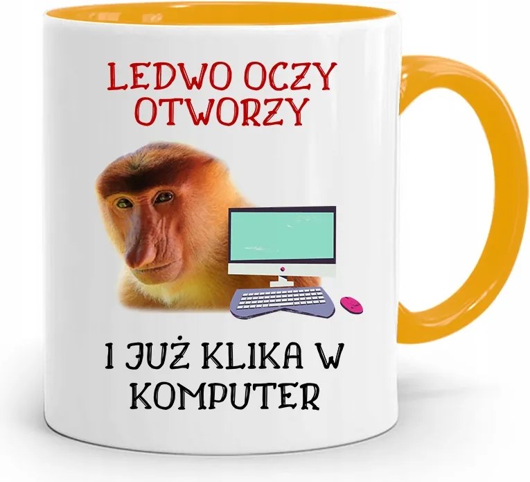 Bögre Sárga Hordozó Janusz Alig Nyitja Ki A Szemét fényképes nyomtatással