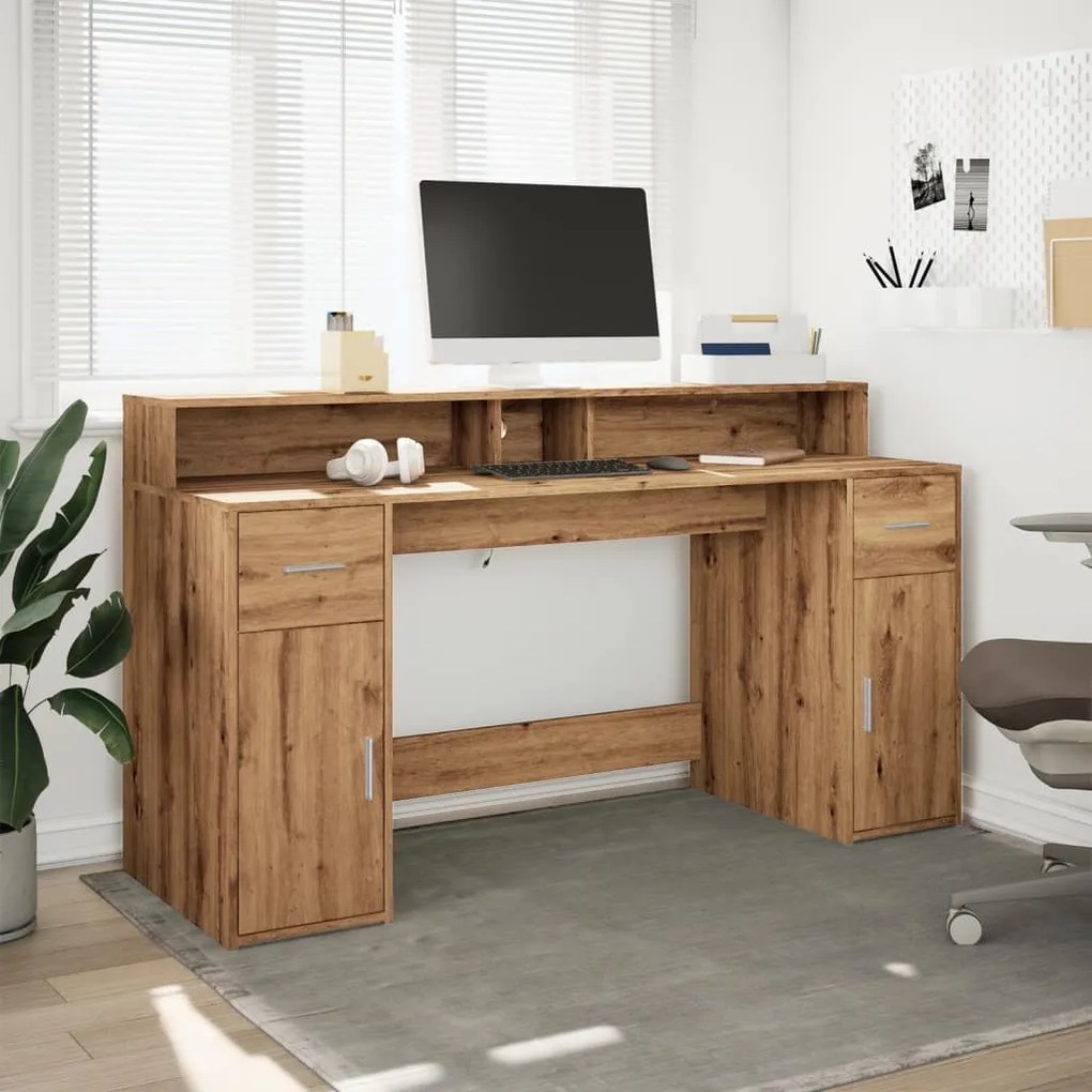 kézműves tölgy színű szerelt fa LED-es íróasztal 160x55x91 cm
