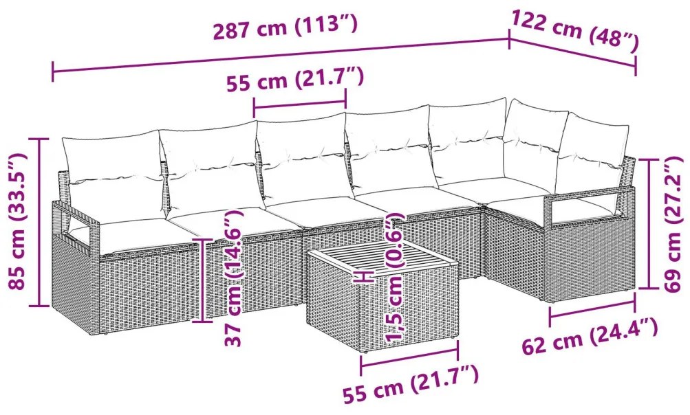 7 darabos kertibútor szett párnákkal szürke poli rattan akáccal, 2 személyes kertibútor párnákkal szürke poli rattan