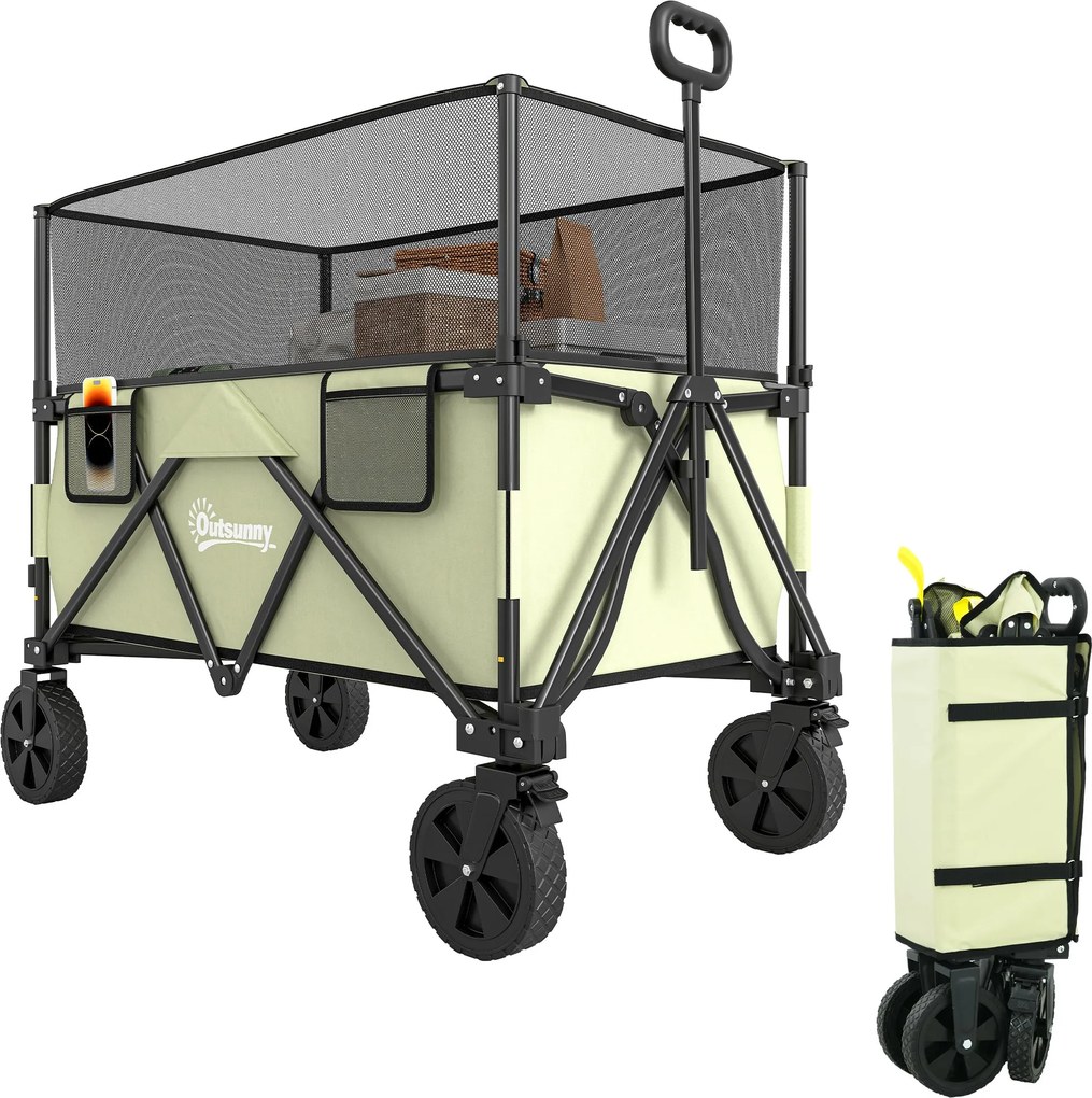 Outsunny 180 L Kerti Kocsi Összecsukható Kocsi Állítható Fogantyú Hosszúsággal és Szöggel, Kihúzható Oldalfalakkal, 120 kg Terhelhetőség Patióra és Te