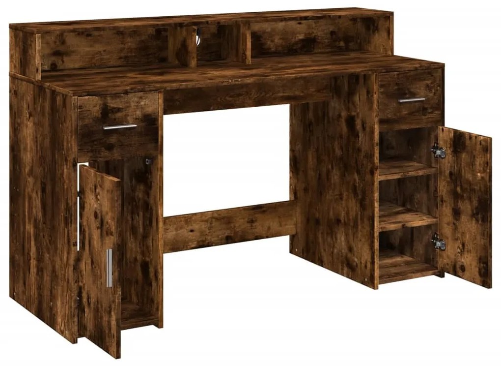 füstös tölgy színű szerelt fa íróasztal LED-ekkel 140x55x91 cm