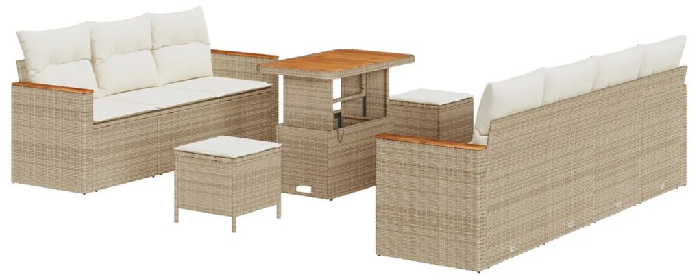 10 Darabos Kert Sofa Szett Párnákkal Bézs Poli Rattan Akáciával