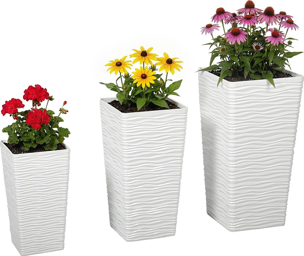 Outsunny 3 db egymásba rakható négyzet kaspó hullámos mintával, vízelvezető lyukakkal, 42/55/65 cm — Fehér, Fekete, Barna | Aosom