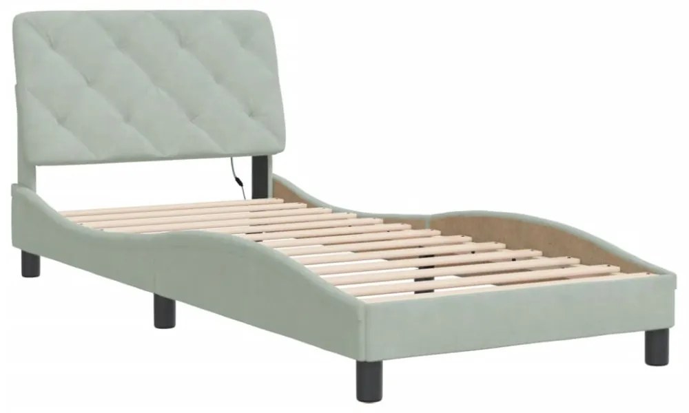 világosszürke bársony ágykeret LED-ekkel matrac nélkül 90 x 200 cm