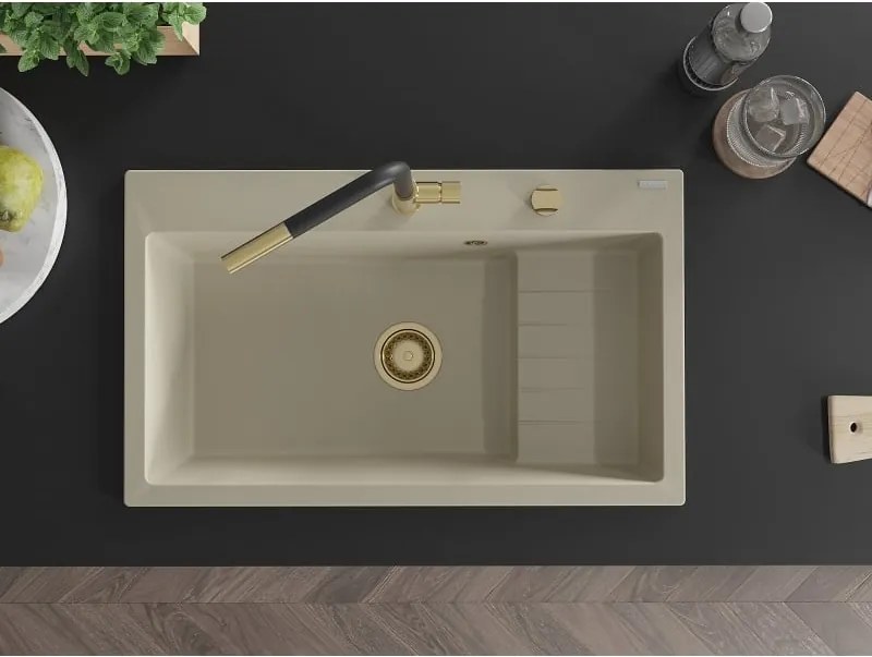 Mexen Omar egykamrás gránit mosogató 800 x 480 mm, bézs, arany szifon - 6520801005-69-G