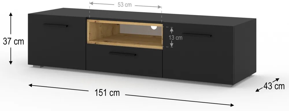 TV Szekrény Fekete Matt Színben Kézműves Tölgy Betéttel ANETTE 151