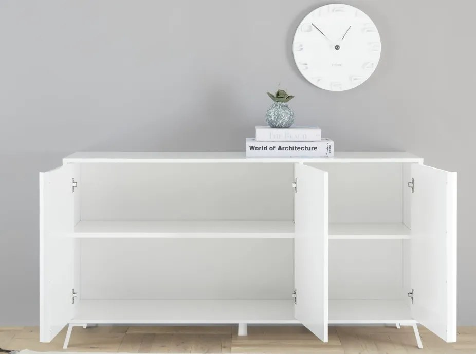 CITY Háromajtós komód, fehér, magasfényű lakkozott vázzal és előlapokkal