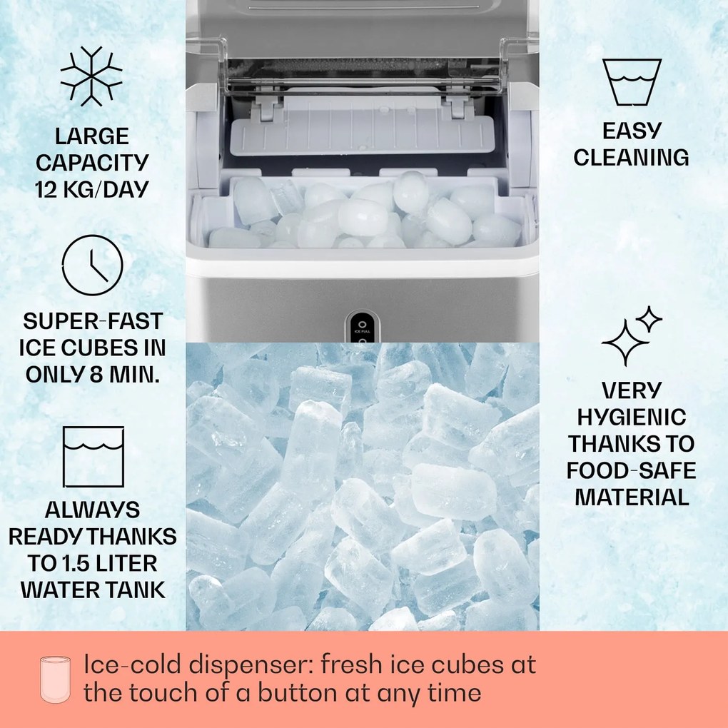 Klarstein Chillout, jégkocka készítő, kerek jégdarabok, 12 kg/24 h, víztartály: 1,5 L, ezüst