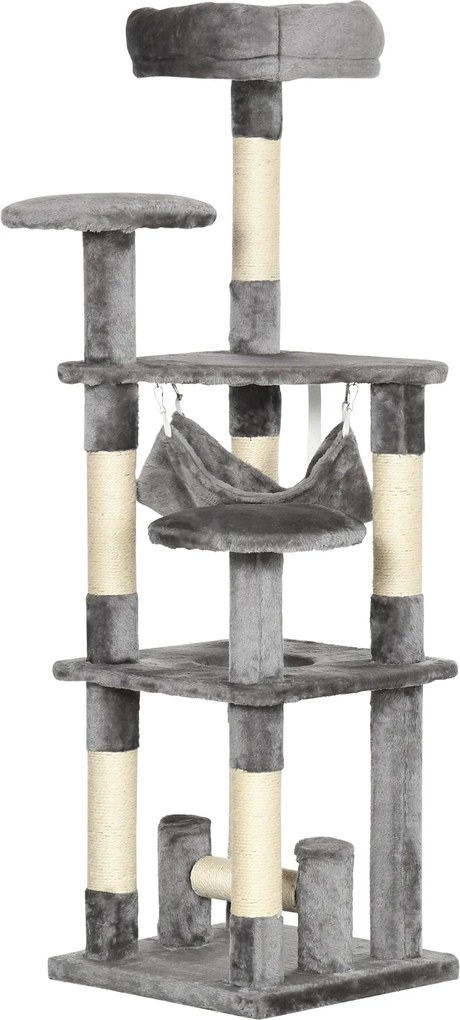 PawHut Macskafa, Macska Kaparóoszlop, Macska Játék Torony, Macska Mászófa, Kaparóoszlop Hinta Szürke L40 x W40 x H132 cm | Aosom