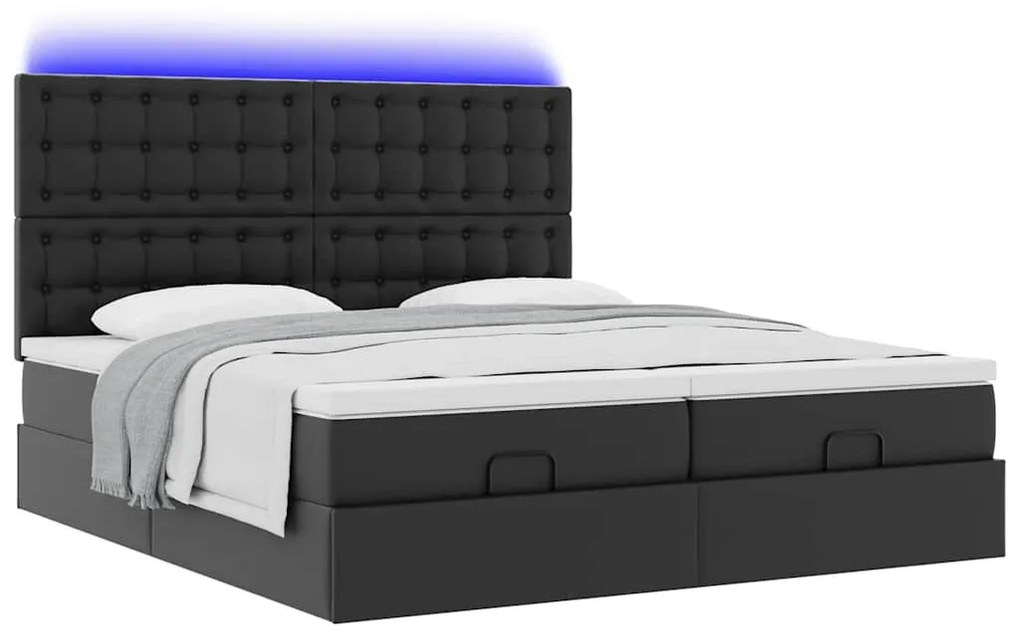 fekete műbőr ottomán ágy matracokkal & LED-ek 180x200cm