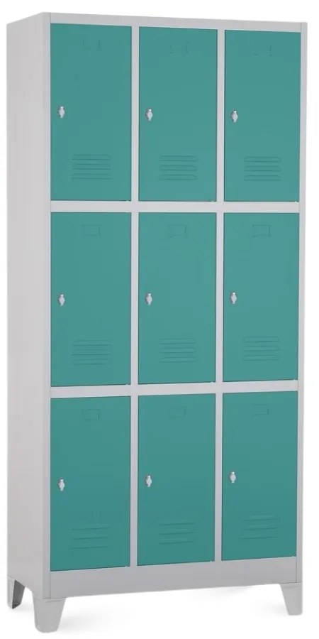 Fém szekrény - 9 doboz, 90 x 45 x 195 cm, fix lábakkal, lakathoz zár, zöld - ral 6033
