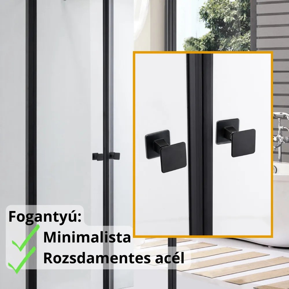 Stuxi Roma Black 100x100 falsíkra szerelhető 3 oldalú kétszárnyú nyílóajtós zuhanykabin 6 mm vízlepergető biztonsági üveggel, matt fekete elemekkel, 195 cm magas