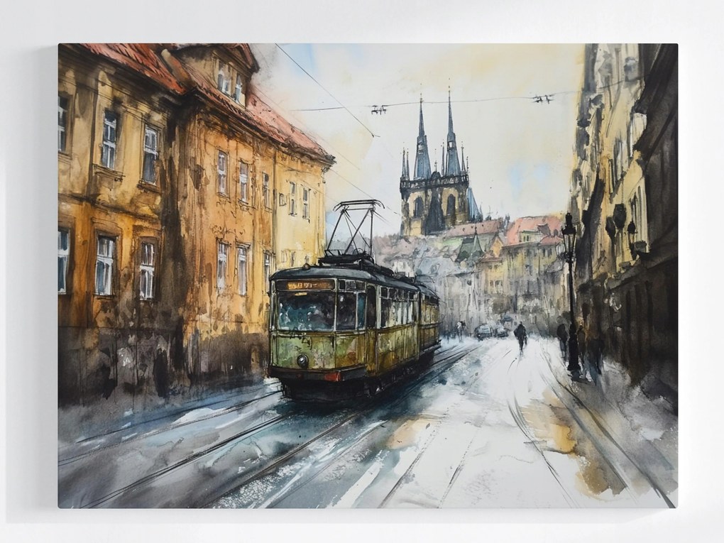 Vászonkép Canvas Város Bérházak Utca Villamos Akvarell 100x75