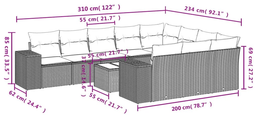 11 részes barna polyrattan kerti ülőgarnitúra párnákkal