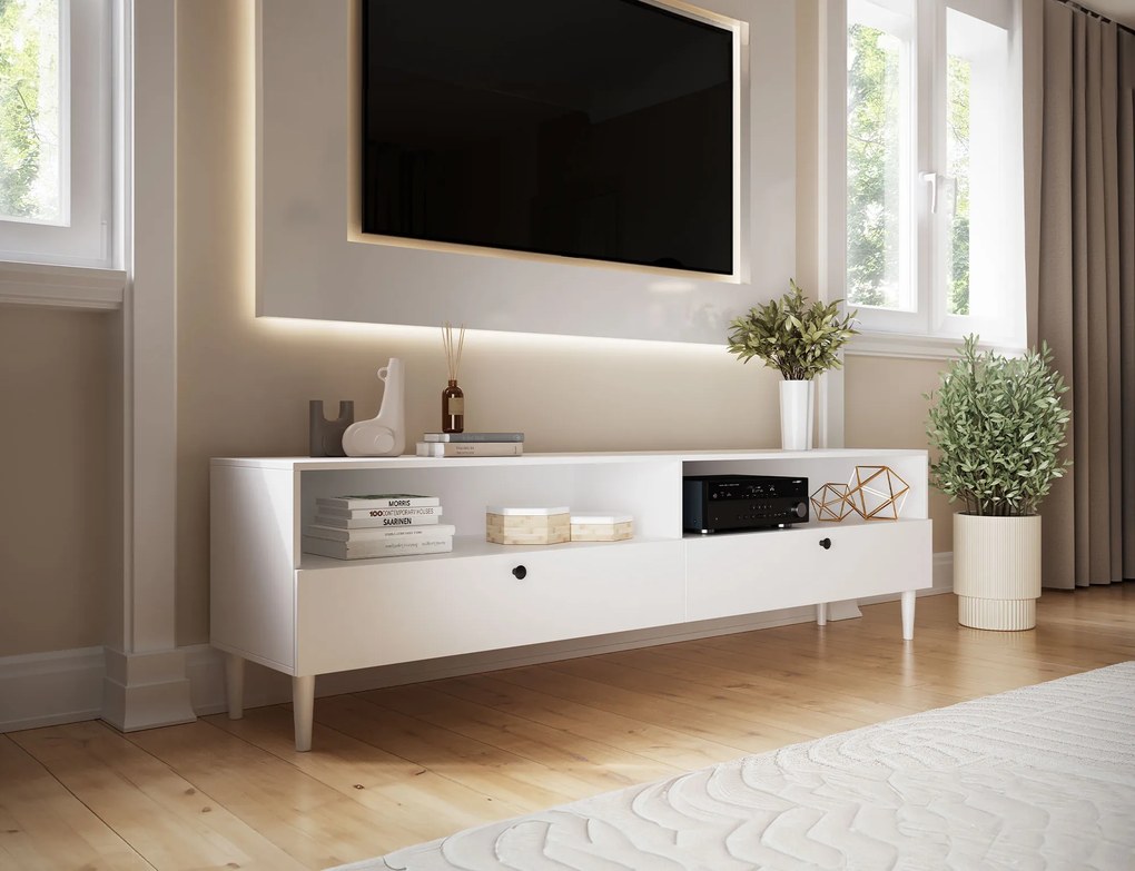 TV állvány polccal és szekrényekkel DULLUM 200x58cm, fehér
