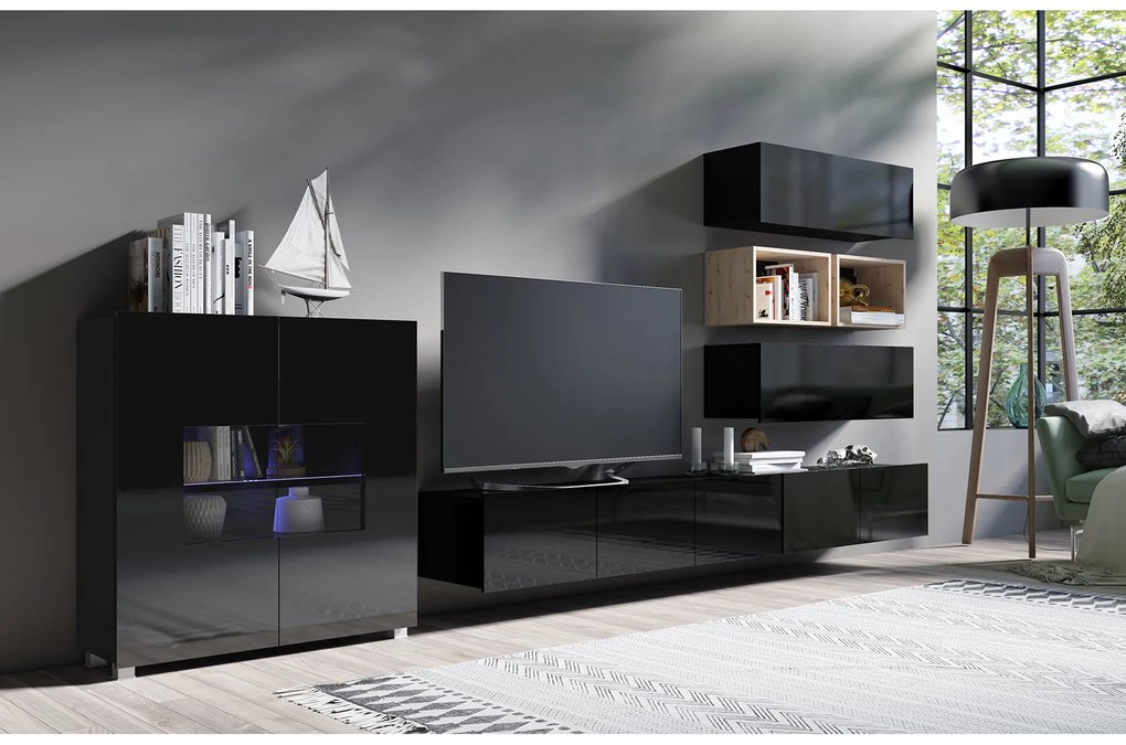 Nappali fal Calabria C28 BLACK (fekete + artisan tölgy) (világítás nélkül). 1051567
