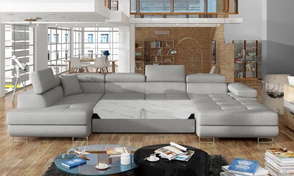 Világosszürke kinyitható-tárolóhelyes sarokkanapé (bal oldali-U alakú) Rodrigo – ELTAP
