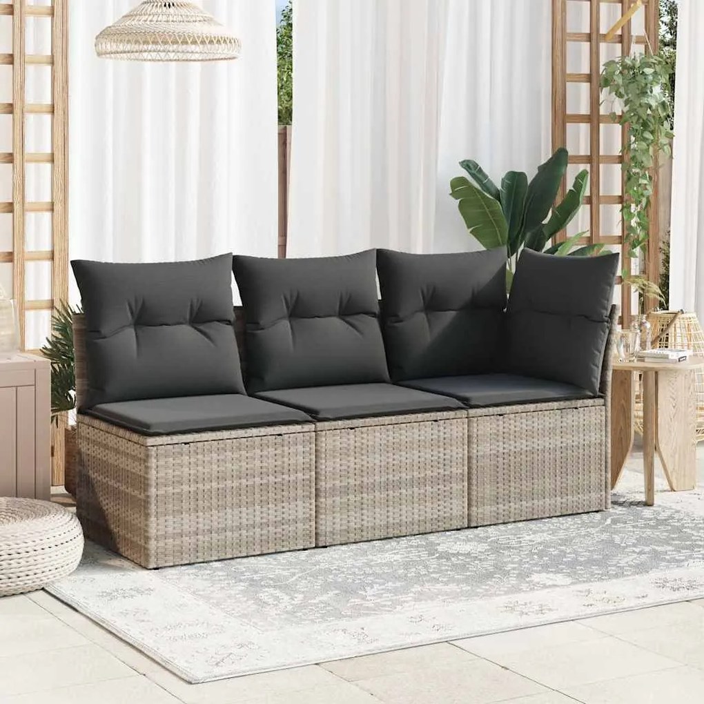 3 személyes világosszürke polyrattan kerti kanapé párnával