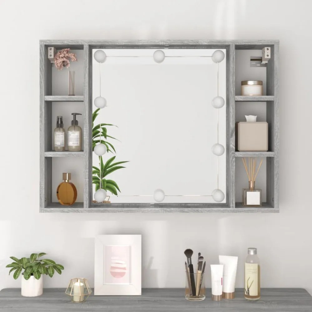 szürke sonoma színű tükrös szekrény LED-ekkel 76 x 15 x 55 cm