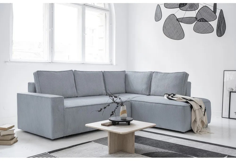 Világosszürke kordbársony kinyitható sarokkanapé (jobb oldali) Brave Dave – Miuform