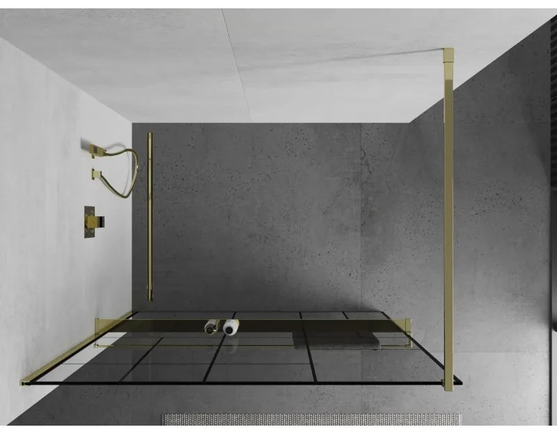 Mexen Kioto +, zuhanyparaván polccal és törölközőtartóval 80 x 200 cm, 8mm átlátszó üvegmintás fekete, arany profil, 800-080-121-50-78