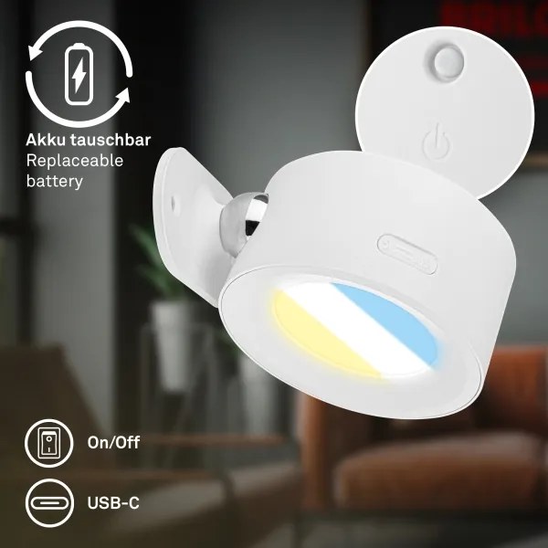 Briloner 3896016 - TARI LED fali lámpa, fényerőszabályozható, újratölthető, LED/1,6W/5V 1500 mAh, fehér