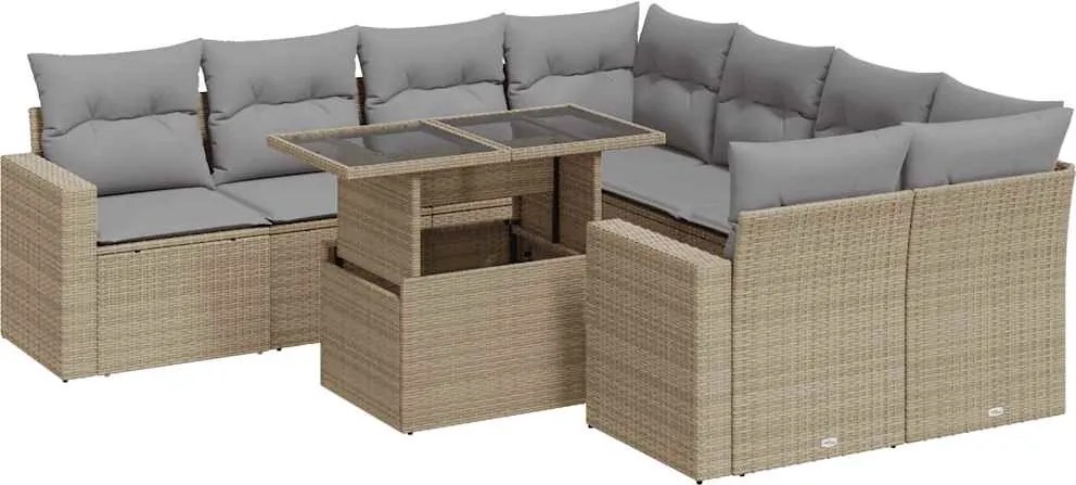 vidaXL 9 részes bézs polyrattan kerti ülőgarnitúra párnákkal