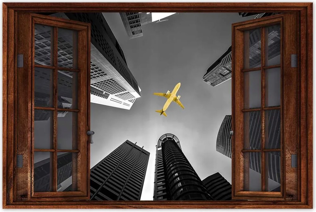 Poszterek 60x40 Sárga repülőgép a város felett