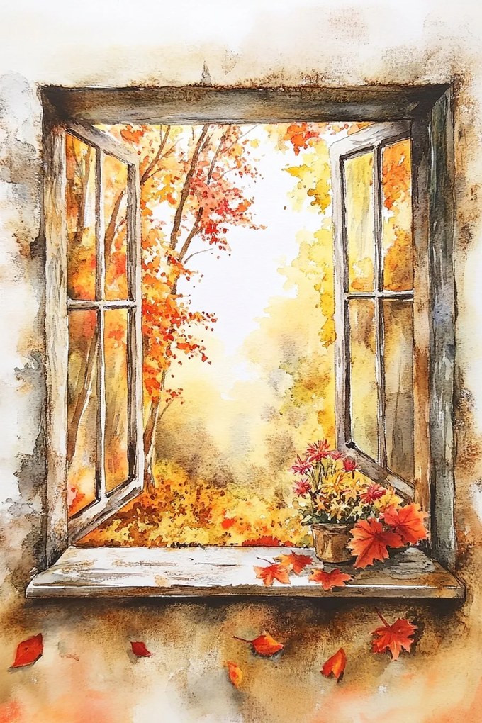 Vászonkép Canvas Ablak Dekoráció Kilátás Fa Ősz Virágok 40x60